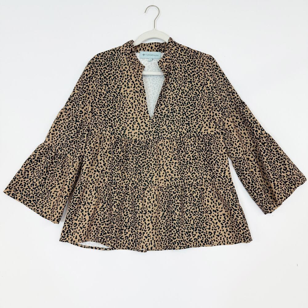 Tuckernuck Edith Leopard Tiered Top V-Neck 3/4 Sleeves Tan & Black Women's Small - Picture 2 of 12